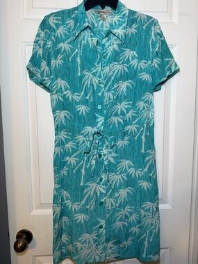 Silk Accents DVF 100% Silk Turquoise Palm Tree Shirt Dress Tie Waist XS Tropical